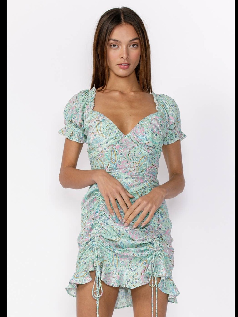 SKY TO MOON Mint Paisley Ruched Puff-Sleeve Mini Dress 💖💖